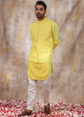 Yellow Mens Kurta Pajama With Embroidered Jacket