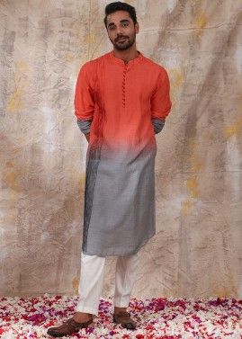 Shaded Orange & Grey Plain Mens Kurta Pajama