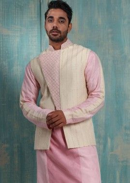 Off White & Pink Embroidered Silk Jacket For Men