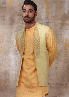 Readymade Yellow Embroidered Silk Jacket For Men