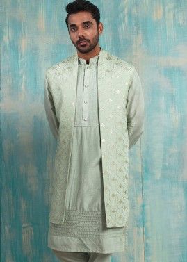 Readymade Green Silk Embroidered Mens Jacket