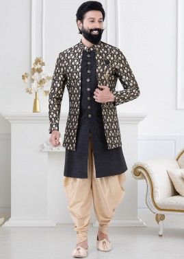 Black Woven Jacket Style Indo Western Sherwani Set