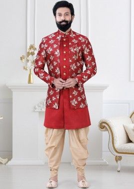 Red Indo Western Sherwani With Woven Jacket