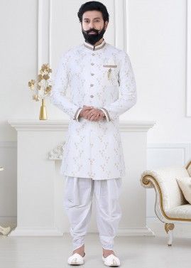 White Indo Western Sherwani Set In Woven Designs