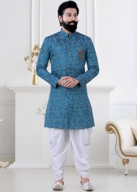 Blue Readymade Woven Indo Western Sherwani Set