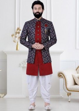 Red Woven Jacket Style Indo Western Sherwani & Dhoti