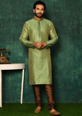 Green Art Silk Kurta Pajama With Zari Woven Patterns