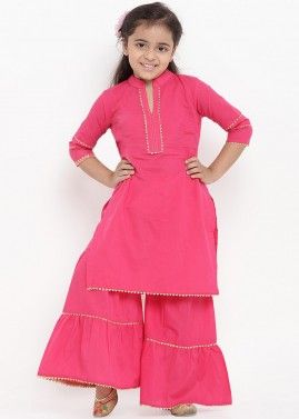 Pink Cotton Gota Patti Embellished Kids Kurta Gharara Set