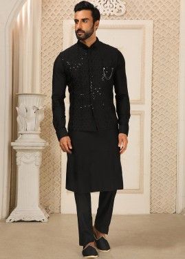 Mens Kurta Pajama With Thread Embroidered Nehru Jacket