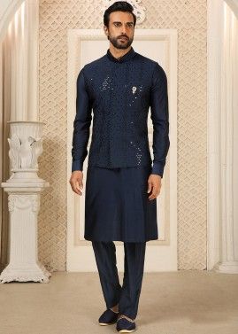 Navy Blue Kurta Pajama With Embroidered Nehru Jacket