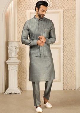 Mens Grey Kurta Pajama With Embellished Nehru Jacket