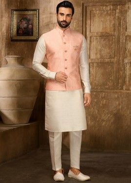 Cream Kurta Pajama With Woven Nehru Jacket