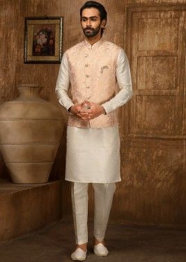Mens Cream Kurta & Pajama With Woven Nehru Jacket