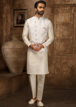 Mens Kurta Pajama With Woven Nehru Jacket In Cream