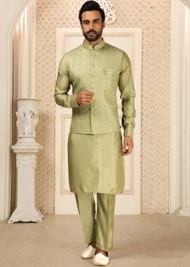 Green Kurta Pajama With Nehru Jacket For Men