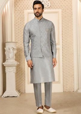 Readymade Grey Art Banarasi Silk Kurta Pajama With Jacket