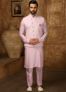 Pink Embroidered Kurta Pajama With Nehru Jacket