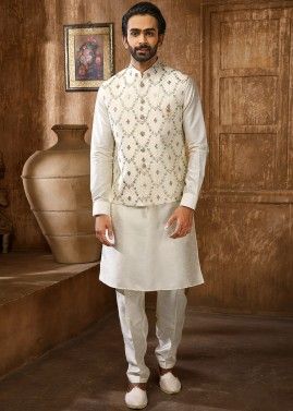 Cream Kurta Pajama With Embellished Nehru Jacket
