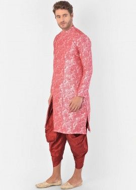 Angrakha Style Pink Mens Printed Kurta With Dhoti