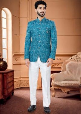 Blue Woven Bandhgala Jodhpuri Suit In Jacquard