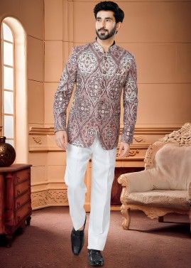 Pink Mens Woven Bandhgala Jodhpuri Suit