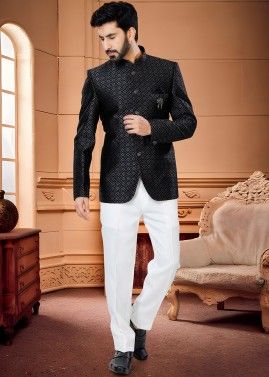 Black Mens Woven Bandhgala Jodhpuri Suit