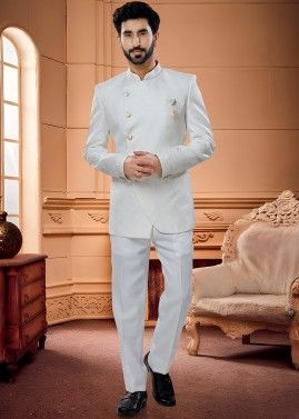 Mens White Woven Bandhgala Jodhpuri Suit