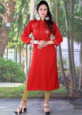 Red Embroidered Kurti In Cotton