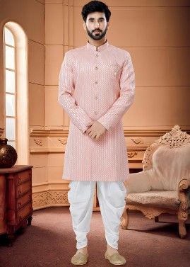 Pink Woven Mens Indo Western Sherwani Set