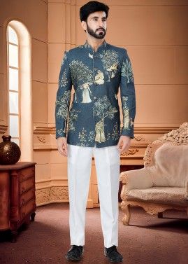 Blue Printed Mens Cotton Bandhgala Jodhpuri Suit