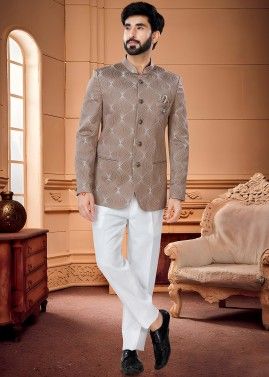 Brown Woven Bandhgala Jodhpuri Suit For Men