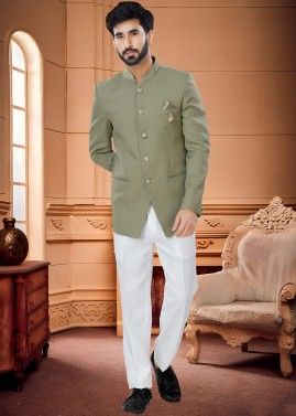 Green Mens Plain Bandhgala Jodhpuri Suit