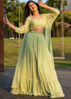 Green Embroidered Jakcet Style Skirt Set