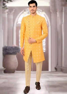 Yellow Woven Indo Western Sherwani For Men