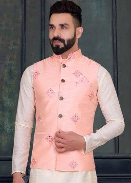 Pink Embroidered Art Silk Readymade Nehru Jacket 