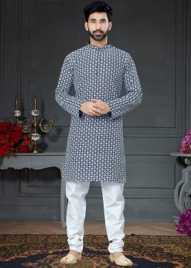 Blue Readymade Chikankari Cotton Silk Kurta Pajama