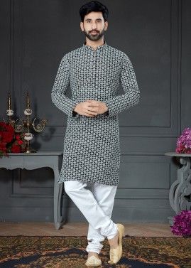 Black Chikankari Kurta Pajama Set In Cotton Silk