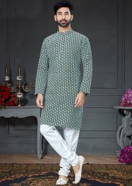 Green Cotton Silk Kurta Pajama Set With Chikankari Work