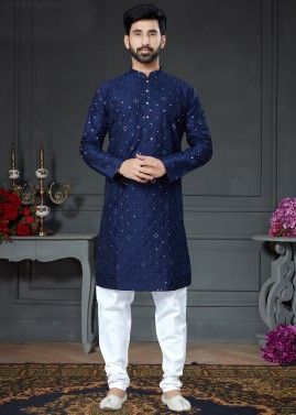 Blue Cotton Silk Mens Kurta Pajama With Mirror Work