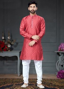 Pink Mens Silk Kurta Pajama Set With Woven Design