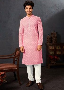 Pink Chikankari Embroidered Kurta Pajama Set
