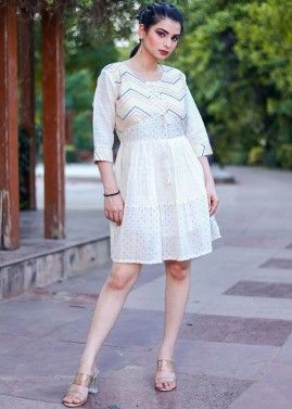 White Flared Style Cotton Dress