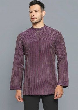 Purple Stripes Printed Short Kurta For Men