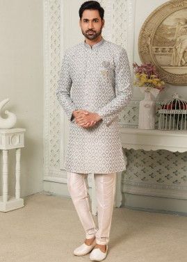Mens Grey Indo Western Sherwani In Thread Embroidery