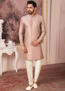 Pink Embroidered Indo Western Sherwani For Men