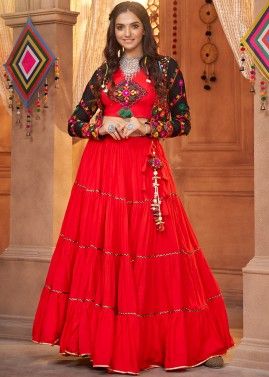 Red Embroidered Navratri Skirt Set & Jacket