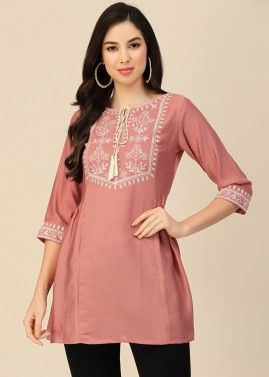Pink Flared Style Embroidered Kurti