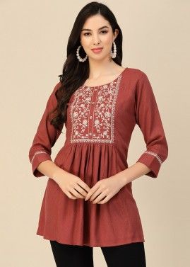 Brown Embroidered Flared Style Kurti