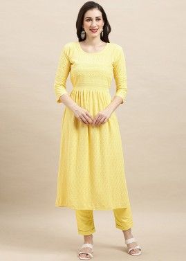 Yellow Embroidered Rayon Straight Cut Kurta