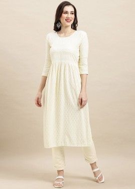 White Embroidered Short Kurti In Rayon